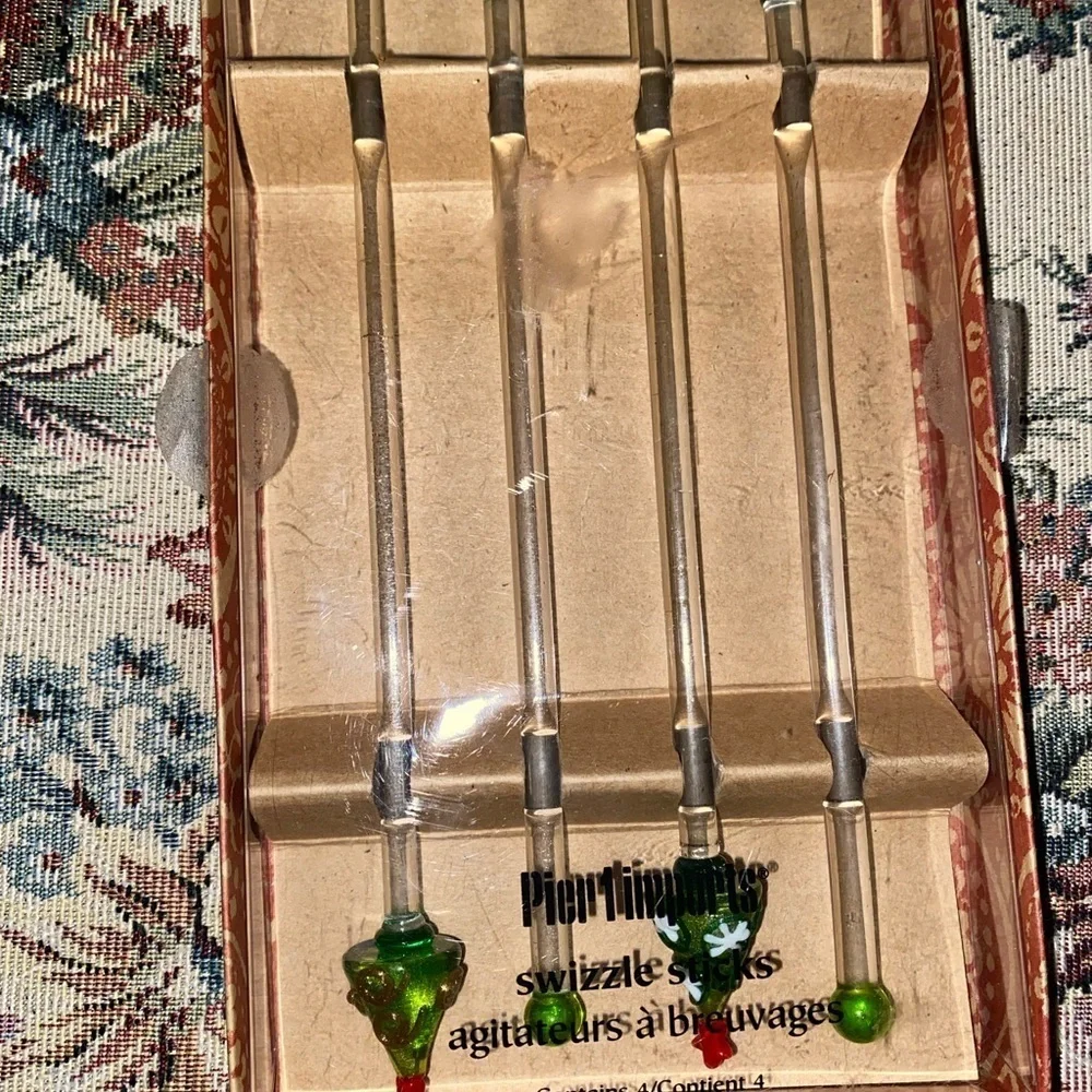 Pier 1 Christmas Tree Decorative Glass Swizzle Drink Set Of 4 Stir Sticks 8”